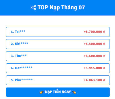 TOP NẠP THẺ THÁNG 8